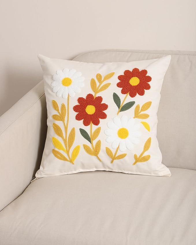 Throw Pillow Cover with Sunflower Embroidery – 18x18 inch Handmade Punch Needle Cushion – 100% Cotton Decorative Pillow for Couch, Bed or Living Room – Boho Floral Home Decor