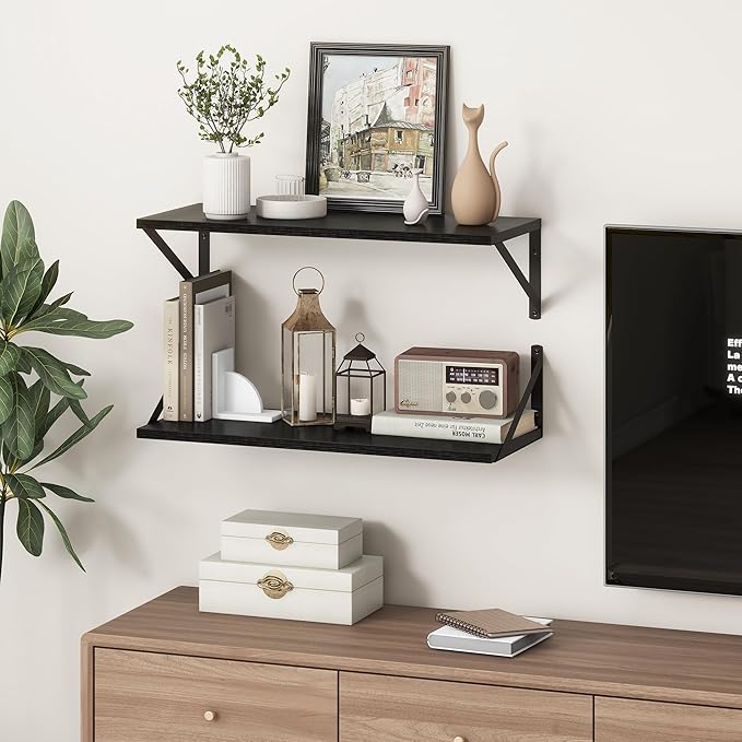 Deep Black Floating Shelves for Wall, 24"W x 10"D Wall Shelves Set of 2, 10 Inch Deep Floating Shelf with Brackets, Wide Display & Storage Shelves for Books, Living Room, Kitchen, Bathroom