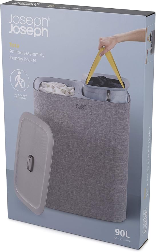 Joseph Joseph Tota 90 liter/23.8 gallon Laundry Hamper Separation Basket with lid, 2 Removable Washing Bags with Handles - Gray