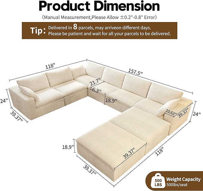 Oversized Modular Sectional Cloud Couch,157.5" U Shaped Modern Sofa with 2 Ottoman and 2 Middle Seats,Upholstered Couches with Corduroy Fabric for Living Room Furniture,No Assembly Required,White