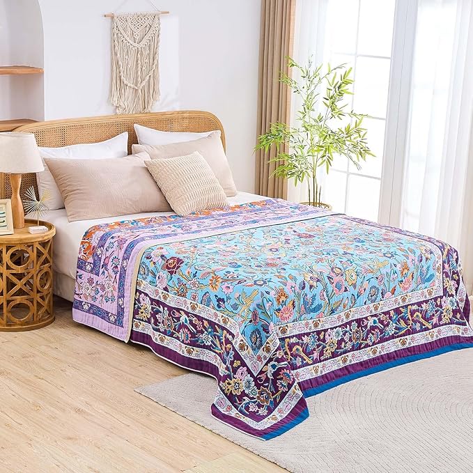 Fall Blanket for Bed, 100% Cotton Soft Rustic Boho Throw Blanket Quilt, 80"x90" Farmhouse Decor Bed Flower Blankets, Light Weight Reversible Bohemian Throw Quilt