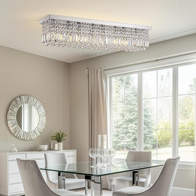Modern Crystal Chandelier, 8-Lights Rectangle Chandelier Rectangular Flush Mount Pendant Ceiling Light Fixture K9 Crystal Raindrop Chandeliers for Dining Living Room Kitchen Island πππ ππ§ππ‘