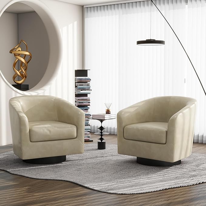Swivel Barrel Accent Chair, Modern Round Faux Leather Arm Chair for Living Room, Bedroom, Comfy Club Reading Chairs for Adults(Faux Leather, Cream, Set of 4)