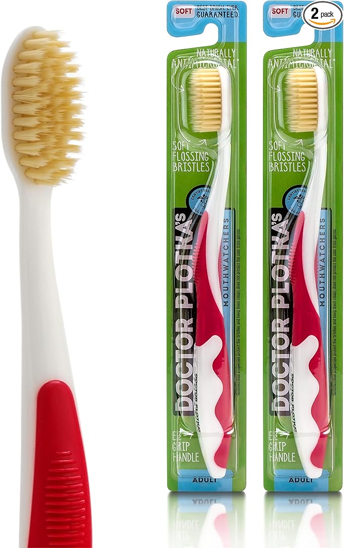 MOUTHWATCHERS Soft Flossing Manual Toothbrush for Adults, 2 Pack, Red, Ultra Clean, Good for Sensitive Teeth and Gums, by Dr. Plotka's