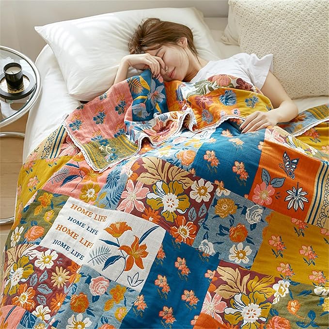 Throw Blanket for Couch Bed, 100% Cotton Muslin 60''x80'' Travel Bed Blankets Mexican Boho Quilt Flowers Blanket Lightweight Blanket Soft Warm Throws Gifts for Women Mom