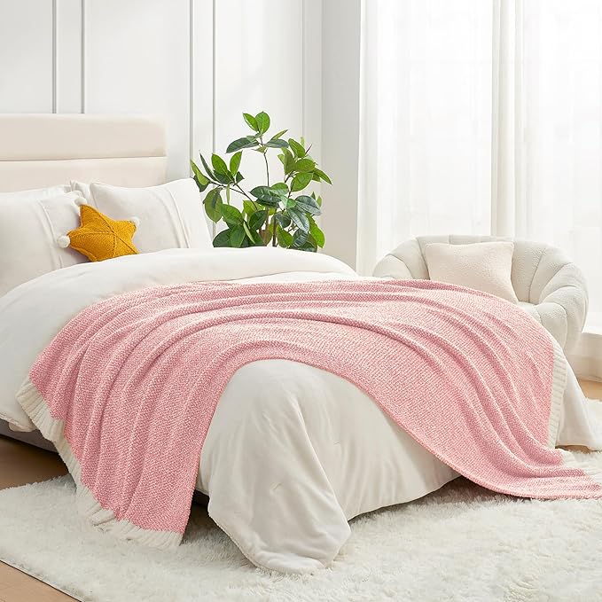 Snuggle Sac Pink Throw Blankets for Couch, Reversible Super Soft Warm Microfiber Blankets Cozy Knit Fuzzy Plush Lightweight Fluffy Throws for Sofa, Bed, Living Room, Heather Pink, 50 x 60 inches