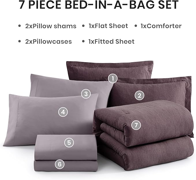 Monbix Full Size Comforter Set, Italian Plum Bedding Comforter for Full Size Bed Set Reversible, Bedding Sets Full 7 Pieces, Cationic Dyeing Bed in a Bag with Comforter, Sheets, Pillowcases & Shams