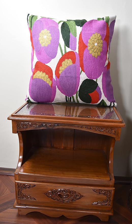 Lily Pink Flower Pillow Cover | Suzani Accent Pillow | Outdoor Floral Pillows | Hand Embroidered Wool Cushion - 18x18