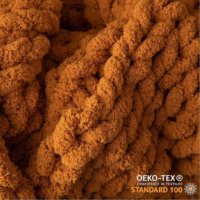 WESHIONGOO Chunky Knit Blanket Throw 40"×40" Knitted Throw Blankets for Couch Bed Fall Throw Blanket Fluffy Soft Blanket with Jumbo Chenille Yarn Thick 100% Handmade (Burnt Orange)