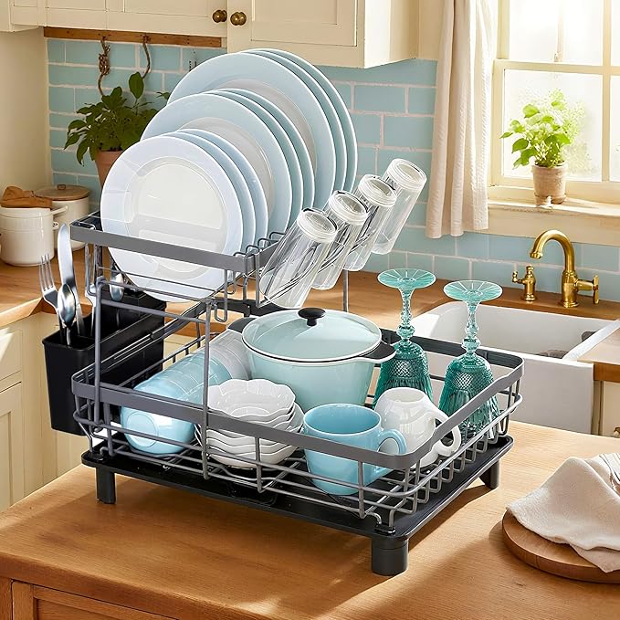 MOUKABAL Dish Drying Rack, 2 Tier Dish Rack, Large Dish Racks for Kitchen Counter, Dish Drainer with Removable Utensil Holder, Drainboard (Grey)