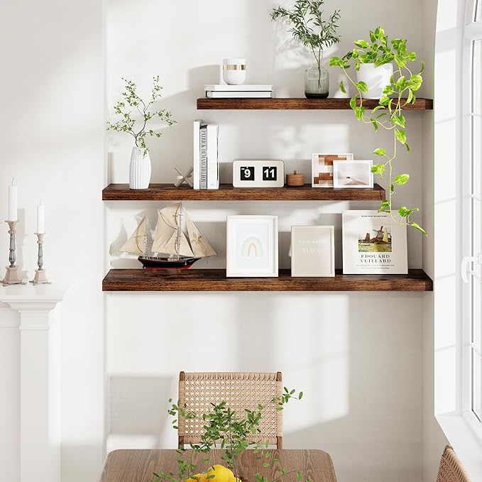 48 Inch Floating Shelves Set of 2, Rustic 48 x 9 Floating Shelf for Wall, 9 Inch Deep Bookshelf Invisible Bracket, Wall-Mounted Deep Shelving for Bedroom, Kicten, Living Room, Rustic Brown Color