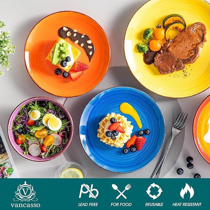 vancasso Bonita Dinnerware Sets, 24 Pieces Multicolor Stoneware Dinner Set for 6, Handpainted Spirals Pattern Ceramic Plates and Bowls Sets Kitchen Plate Set