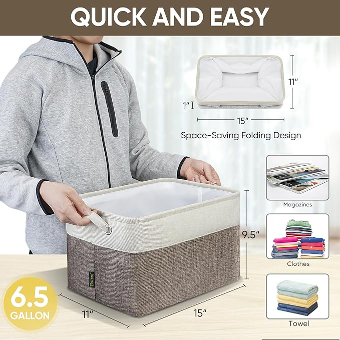 BALEINE 3 Pack Fabric Storage Bins for Shelves, Linen Storage Baskets for Organizing, Decorative Closet Bins for Clothes, Home (Brown, 15"x11"x9.5") 