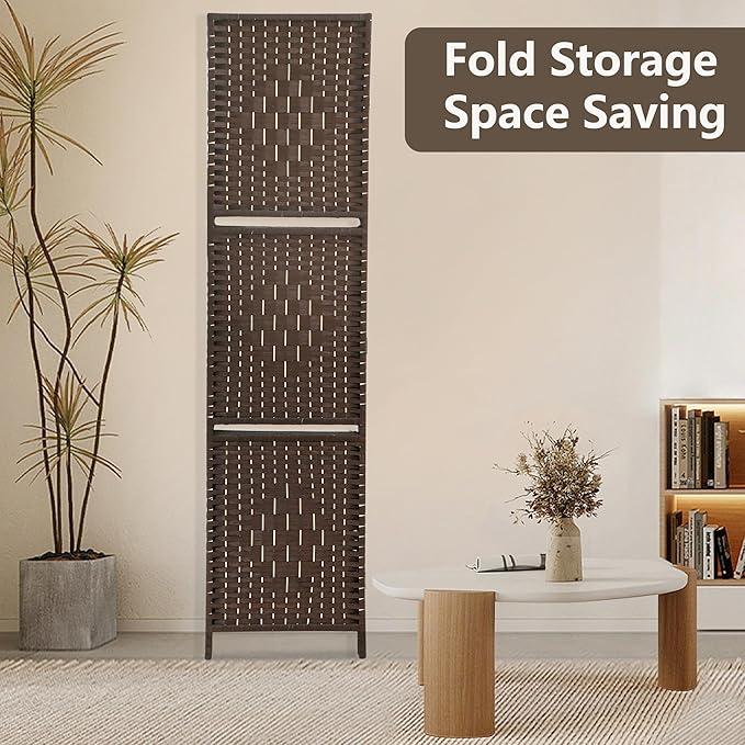 PayLessHere Room Divider 4 Panel Room Screen Divider Wooden Screen Folding Portable Partition Screen Wood with Removable Storage Shelves Color, Brown