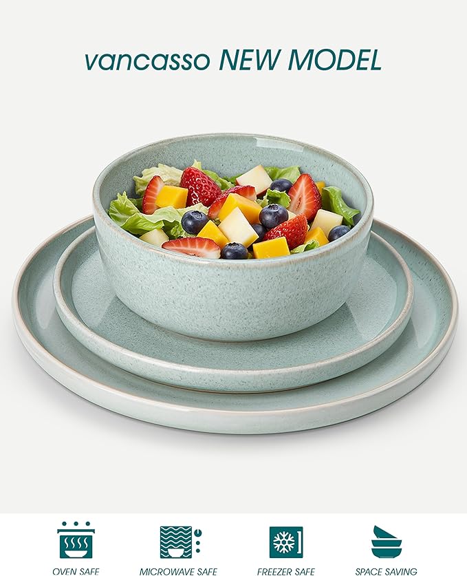 vancasso ANYA 24 Pieces Plates and Bowls Set, Mint Green Dinnerware Sets, Reactive Glaze Dishes Set for 8, Ceramic Dishware Sets Kitchen Dinner Set, Microwave & Dishwasher Safe