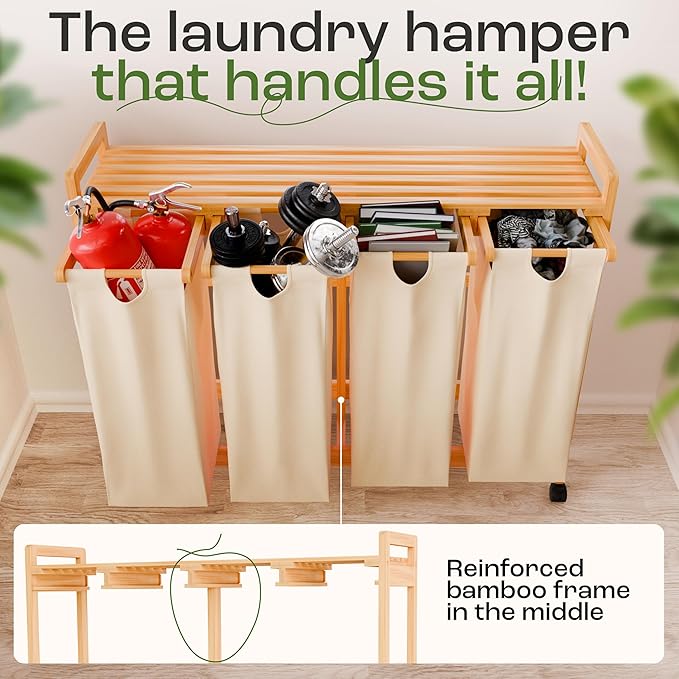 Laundry Sorter with 4 Sections beige, Hamper with Removable Cotton Bags & Wheels โ Perfect Laundry Organizer - Eco-Friendly Rolling Laundry Basket โ Durable Bamboo and Stylish Design