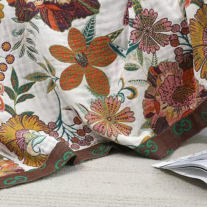 Boho Throw Blanket for Couch Sofa Bed, 100% Cotton Woven Quilt with Tassel 60”x80”, Super Soft Muslin Blanket with Floral Printed, Decorative Reversible Bed Blanket/Cover for All Seasons