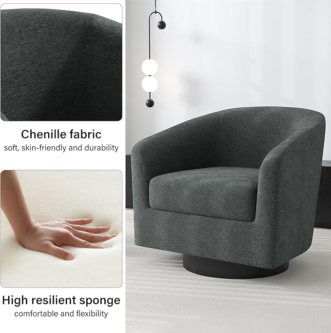 Swivel Barrel Accent Chair, Modern Round Chenille Fabric Arm Chair for Living Room, Bedroom, Comfy Club Reading Chairs for Adults(Chenille Fabric, Grey, Set of 1