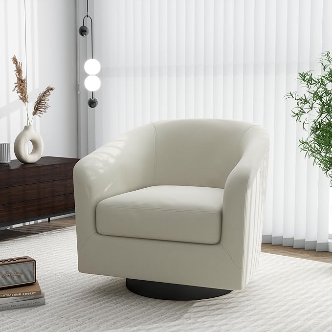 Swivel Barrel Accent Chair, Modern Round Linen Arm Chair for Living Room, Bedroom, Comfy Club Reading Chairs for Adults(Linen Fabric, Beige, Set of 2
