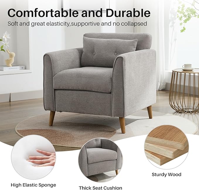 Mid Century Modern Accent Chairs, Chenille Grey Upholstered Armchair,Living Room Chairs with Wooden Legs, Side Single Sofa Chair for Bedroom, Office Cafe Waiting Room Apartment