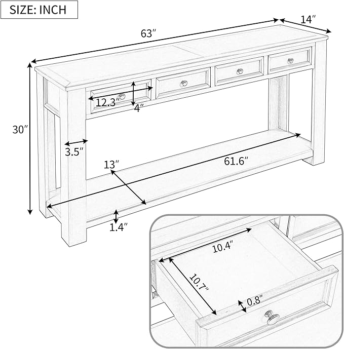Solid Wood Console Table,Long Sofa Table Entryway Table with 4 Drawers and Bottom Shelf for Hallway Living Room Couch Table,Fully Assembled (63" Gray Wash)