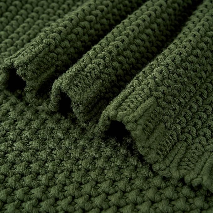 Longhui bedding Chunky Cable Knit Throw Blanket Lightweight Olive Green 100% Organic Cotton Blanket for Sofa Couch Bed Baby Nursery, Rustic Shabby Chic Modern Farmhouse, 60” x 80” Give Laundering Bag