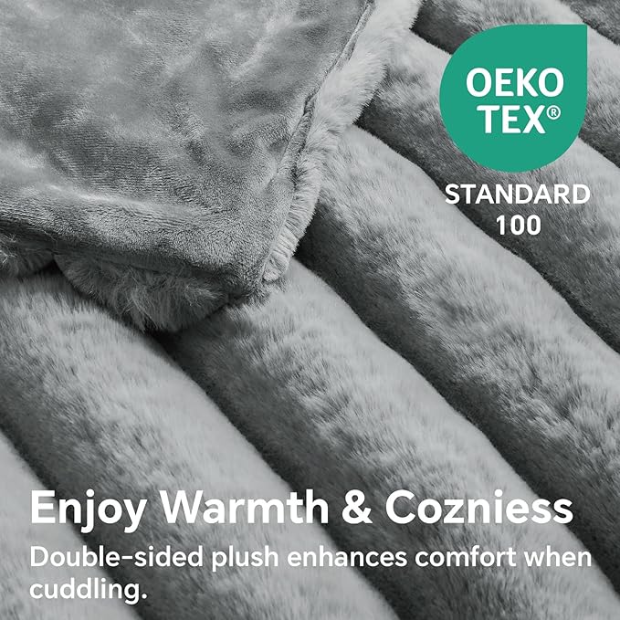 BEDELITE Faux Fur Throw Blanket for Couch, Soft and Cozy Luxurious 3D Striped Fluffy Blanket, 770GSM Thick Warm Plush Fuzzy Faux Rabbit Fur Blanket for Women Gift (Crey, 50"x 60")