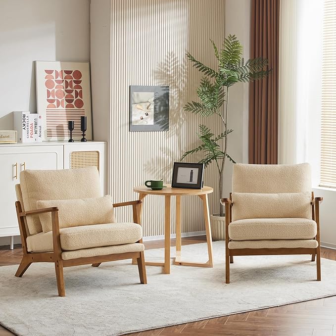 Karl home Accent Chair Wide Armrest Mid-Century Lounge Chair Teddy Fleece Armchair with Lumbar Pillow & Solid Wood Frame for Living Room, Bedroom, Balcony, Khaki