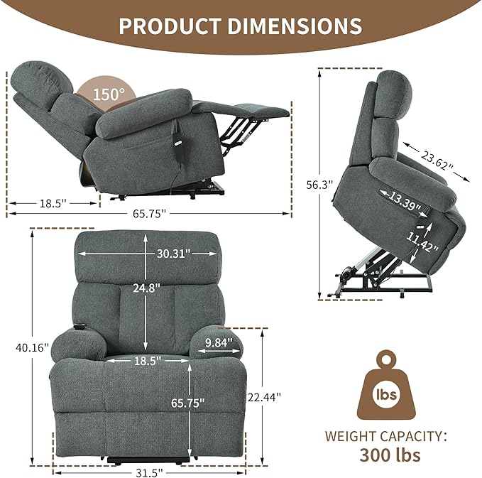 Power Lift Chair Recliners for Elderly, Overstuffed Electric Lift Recliner Chair with Widened Footrest Side Packets for Living Room Bedroom