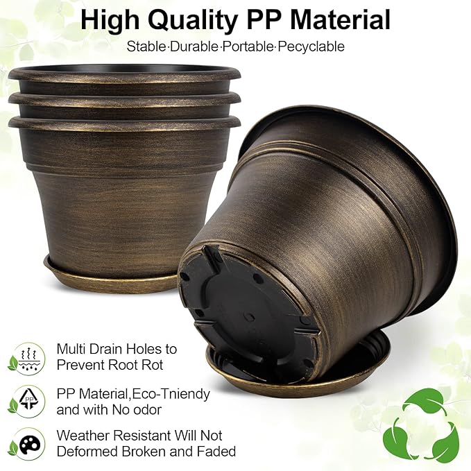 Plant Planters Pots Set of 4 Pack 13 Inch,Large Plastic Flower Pot for Indoor Plants with Drainage Holes & Trays, Resin Decorative Container Sets with Saucer for House Outdoor Garden Plant Dark Gold