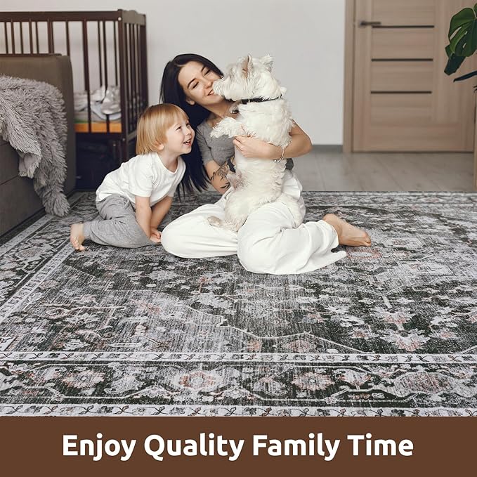 AMOAMI-3X5 Area Rug-Soft Washable Rugs for Living Room Bedroom -Non Slip Entryway Rug-Indoor Vintage Throw Rug Accent Rug for Living Room Laundry Room Kitchen Bathroom Bedside Dark Grey & Black