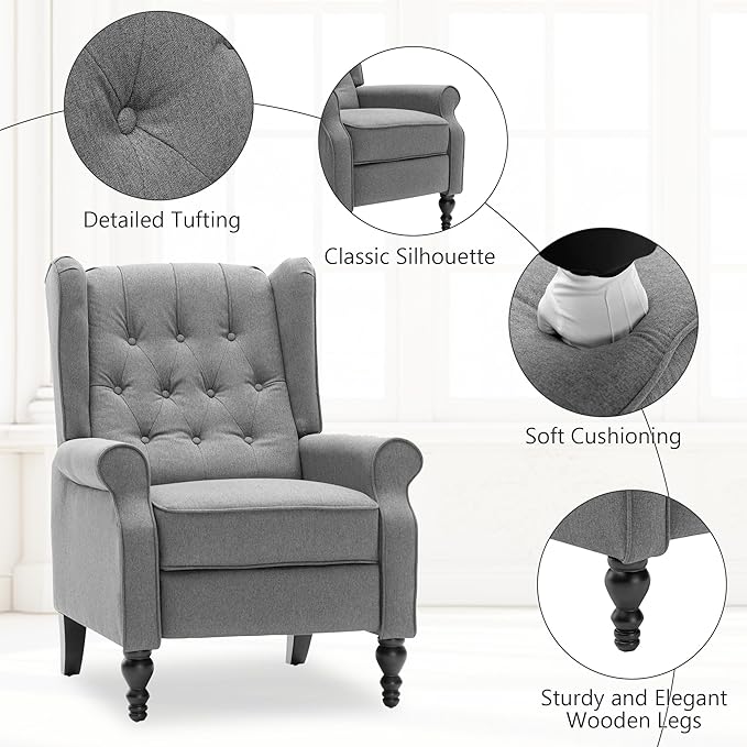 Mid Century Wingback Recliner Chair for Adults, Modern Linen Fabric Push Back Recliner Chairs with Button Tufted Upholstered Back & Footrest, Manual Recliner Chais for Living Room, Nursery, Gray