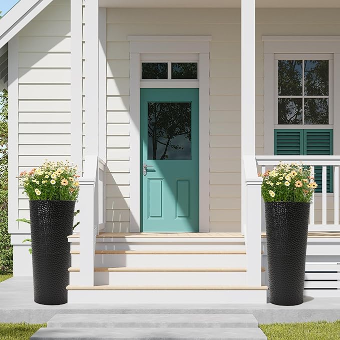 Worth Garden 2-Pack 25" H. Metal Planter with 2X Inside Pots - Hand-Hammered Texture Tall Tapered Plant Pots - Large Handcrafted Flower Pot for Indoor Outdoor, Deck, Patio, Front Porch (Black)