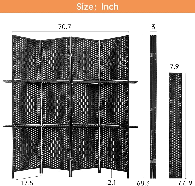 PayLessHere Room Divider Room Screen Divider Wooden Screen Folding Portable Partition Screen Wood with Removable Storage Shelves (Black, 4 Panel)