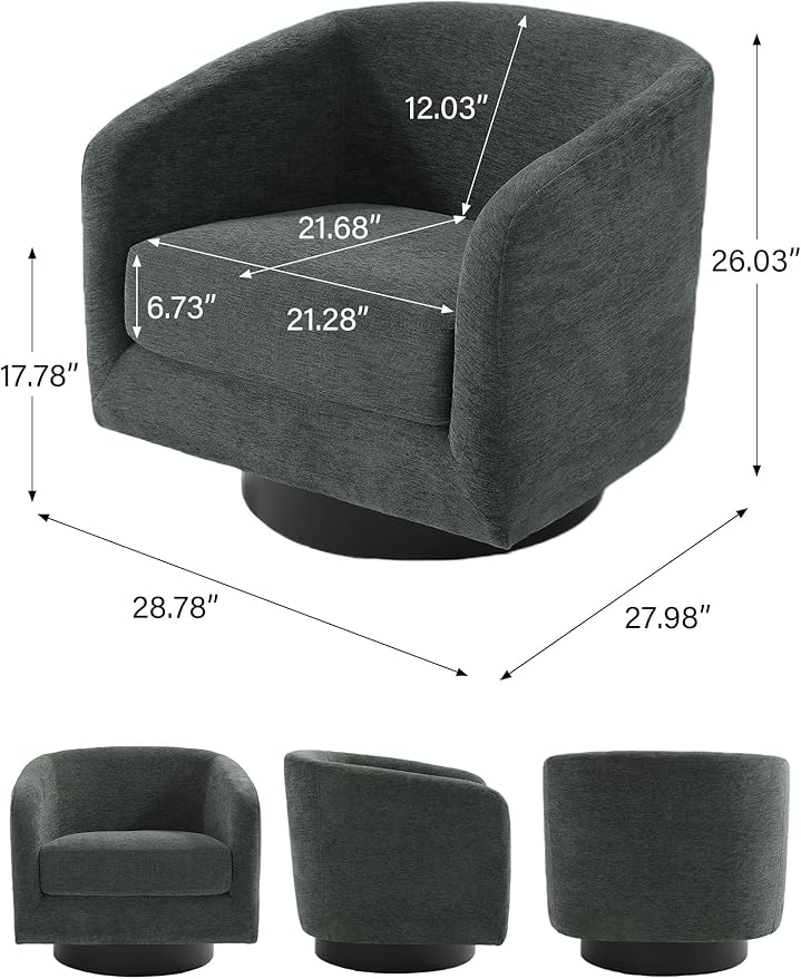 Swivel Barrel Accent Chair, Modern Round Chenille Fabric Arm Chair for Living Room, Bedroom, Comfy Club Reading Chairs for Adults(Chenille Fabric, Grey, Set of 1