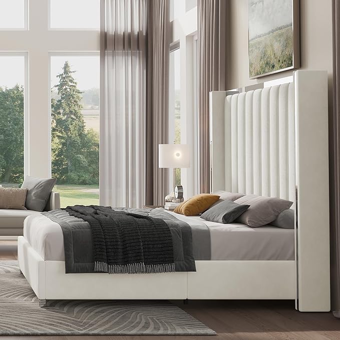 Jocisland Queen Size Bed Frame with 58" Tall Headboard, Platform Velvet Upholstered Bed with Channel Tufted Wingback Headboard and Plating Trim, No Box Spring Needed, White Cream