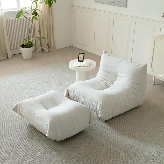 Luxury Ottomans, Modern Square Foot Rest for Sofa Couch Chair, Lazy Floor Seating, Fireside Bean Bag Chair, Tatami Sofa Lounger for Living Room, Bedroom, Office, White