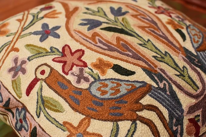 Tree of Life Pillow Cover - Crane Cream Floral Outdoor Pillows | Suzani Cushions | Modern Floral Cushion Hand Embroidered Shams Wool Size - 18x18