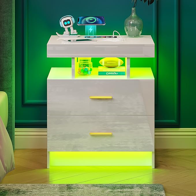 Night Stand with Light, High Gloss Nightstand with USB/Wireless Charging Station, LED White Nightstands with Storage Drawers, RGB Side End Table for Bedroom Furniture(White