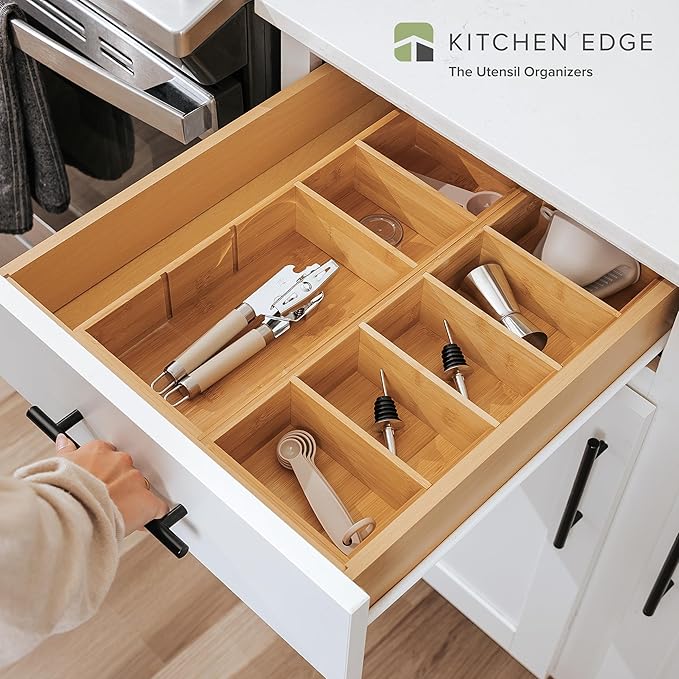 Premium Kitchen Utensils and Junk Drawer Organizer – Small 5-Compartment Design with 4 Removable Dividers, Non-Slip Feet, 100% Sustainable Bamboo, 2 Pack