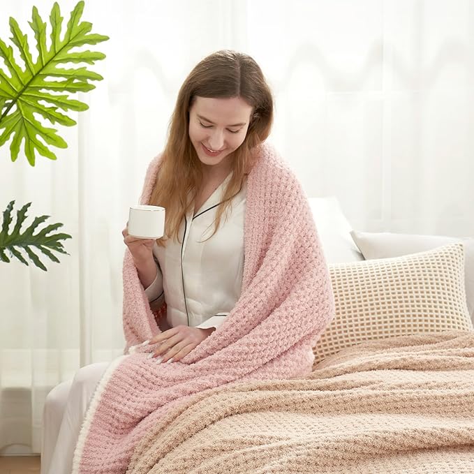 Snuggle Sac Ultra Soft Waffle Throw Blanket for Couch Bed Sofa 50x60 inches, Reversible Pink Blanket Microfiber Fluffy Fuzzy Cozy Knit Throws for Women Mothers Birthday Gifts