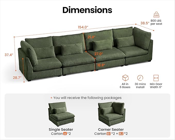 Oversized Modular Sofa, Extra Deep Cloud Corduroy Sectional Couch with Ottoman Chaise, Fluffy Chenille 4 Seater Sofa for Living Room, Villa (Basic 4 Seater, Corduroy Green)