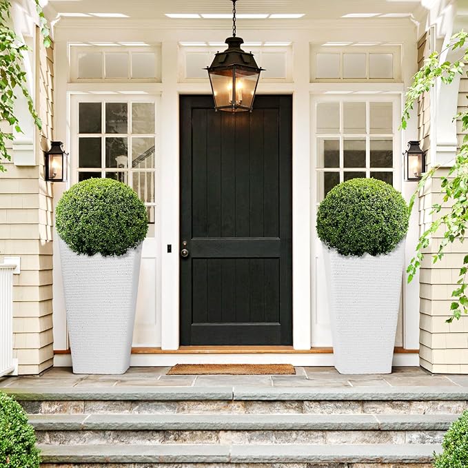 Tall Planters Set Of 2 for Outdoor Indoor Plants,21.3in Large Tapered Plant Pots with Drainage Trays Holes,White Resin Extra-Thick Flower Pots for Outdoor Patio Front Porch Backyard Decor