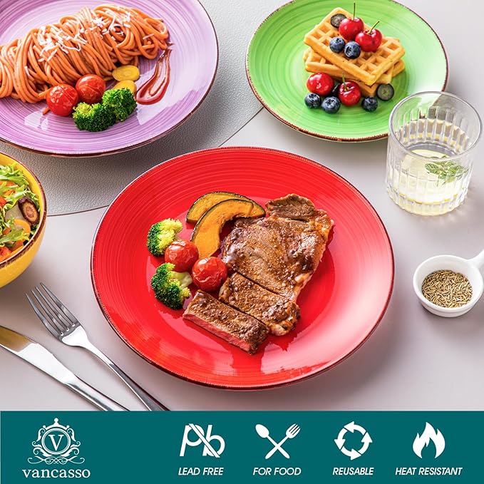 vancasso Bonita Dinnerware Set Muticolor Stoneware 12 Pieces Service for 4, Handpainted Spirals Pattern Stoneware Plates and Bowls Set