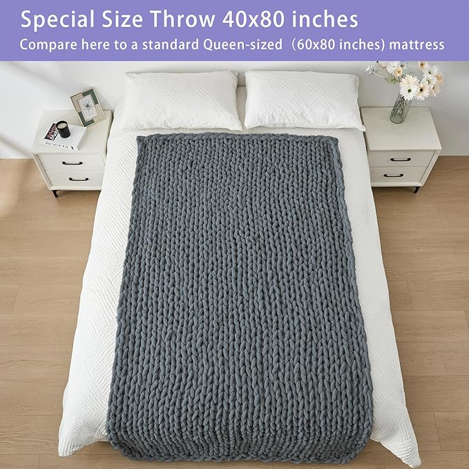 Bigacogo Chunky Knit Throw Blanket for Couch, 40x80 inches, 100% Hand Knitted with Thick Jumbo Chenille Yarn, Cozy Soft Large Rope Knot Cable Crochet Blankets for Sofa Bed Living Room, Iron Gray