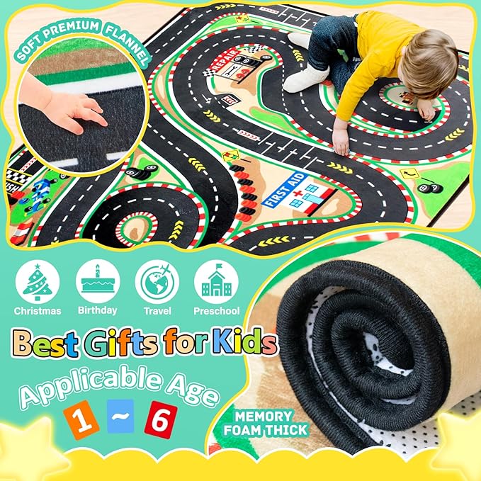 Kids Rug, Race Track Baby Play Mats, Realistic 3D Cascading Surround Route, 3x5 Ft Kids Rug for Playroom, Great for Playing with Cars and Toys, Non-Slip Car Carpet