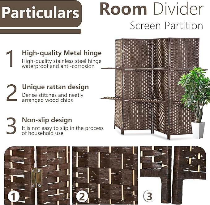 PayLessHere Room Divider 4 Panel Room Screen Divider Wooden Screen Folding Portable Partition Screen Wood with Removable Storage Shelves Color, Brown