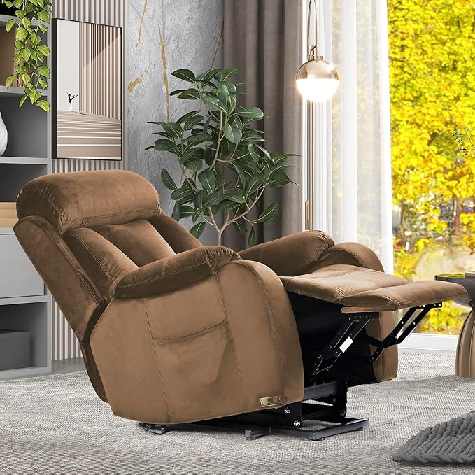 Power Lift Chair Recliners for Elderly, Modern Adult Power Lift Recliner, Velvet Upholstery Electric Lift Chair Recliner with Side Pocket for Living Room (Brown)
