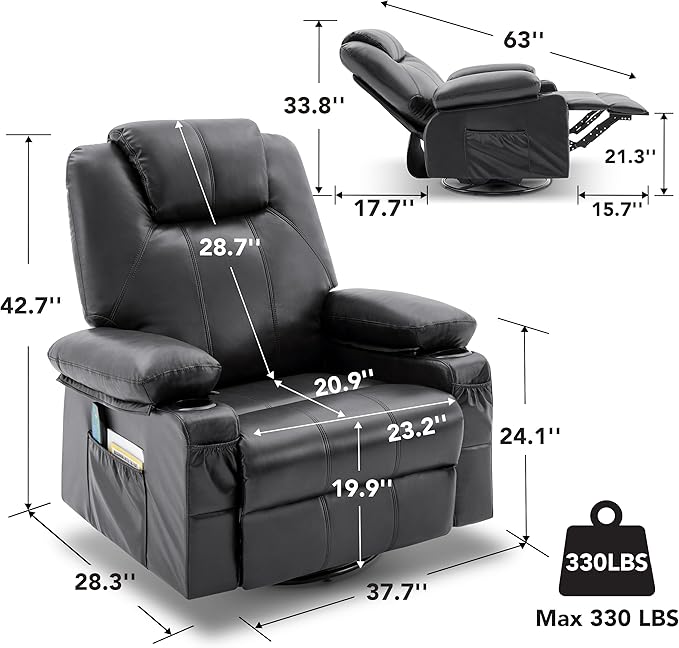 Swivel Rocker Recliner Chair with Heat and Massage, 360 Degree Swivel Rocking Single Sofa with Cup Holders and USB Port, Large Big Recliner Chair for Living Room (Leather, Black)
