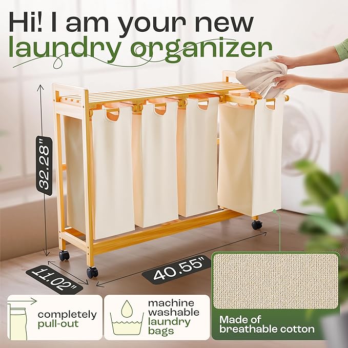 Laundry Sorter with 4 Sections beige, Hamper with Removable Cotton Bags & Wheels โ Perfect Laundry Organizer - Eco-Friendly Rolling Laundry Basket โ Durable Bamboo and Stylish Design